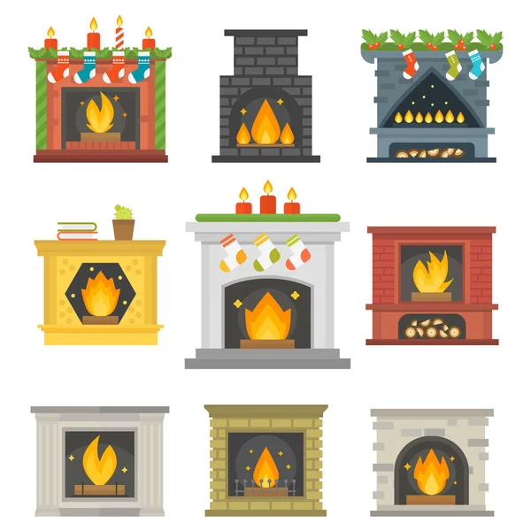 Vlakke stijl open haard pictogram ontwerp huis kamer warm kerst vlam lichte decoratie kolen oven en comfortabele warmte energie binnenshuis vector illustratie. — Stockvector