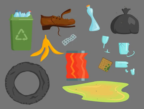回收垃圾元素垃圾袋子轮胎管理行业利用概念和废物生态罐头瓶回收处置框矢量图. — 图库矢量图片
