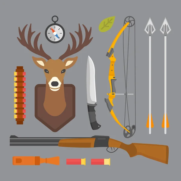 Sada ročník lov symboly kemp objekty design prvky plochý lovec zbraně a lesní divoká zvířata a jiné oblečení, samostatný vektorové ilustrace. — Stockový vektor