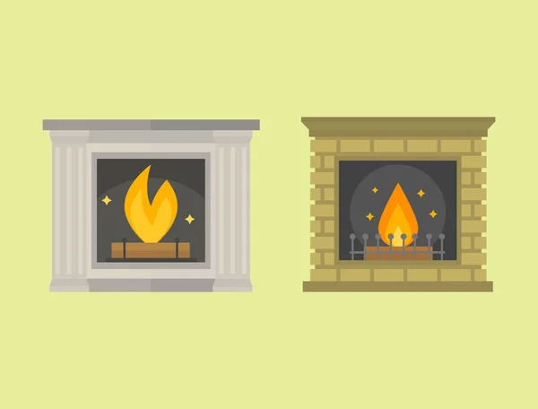 Vlakke stijl open haard pictogram ontwerp huis kamer warm kerst vlam lichte decoratie kolen oven en comfortabele warmte energie binnenshuis vector illustratie. — Stockvector