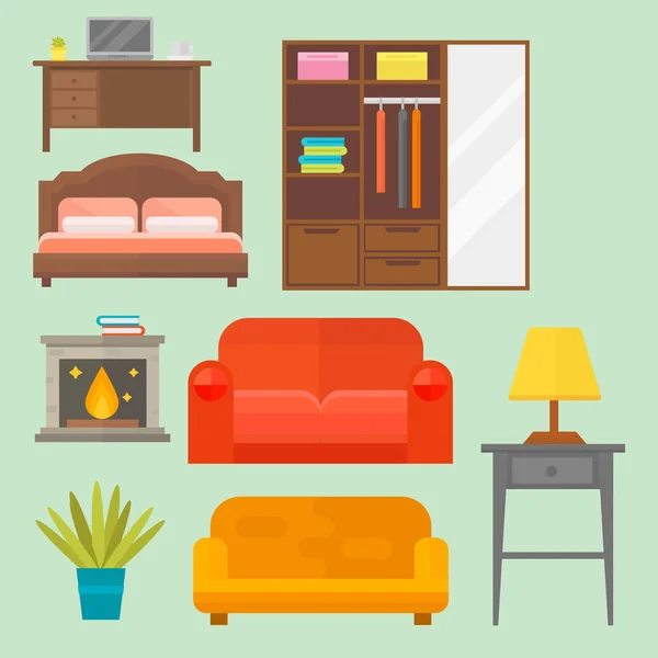 Muebles decoración del hogar icono conjunto interior gabinete interior biblioteca oficina librería moderno cuarto de baño silueta decoración vector ilustración — Vector de stock