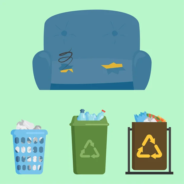 Riciclaggio elementi spazzatura rifiuti sacchetti industria di gestione pneumatici utilizzano concetto e l'ecologia dei rifiuti può imbottigliare riciclaggio casella di smaltimento illustrazione vettoriale . — Vettoriale Stock