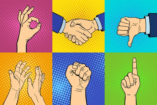 Handen tonen doofstomme verschillende gebaren menselijke arm houd communicatie en richting ontwerp vuist touch pop-art stijl kleurrijke vector illusstration. — Stockvector