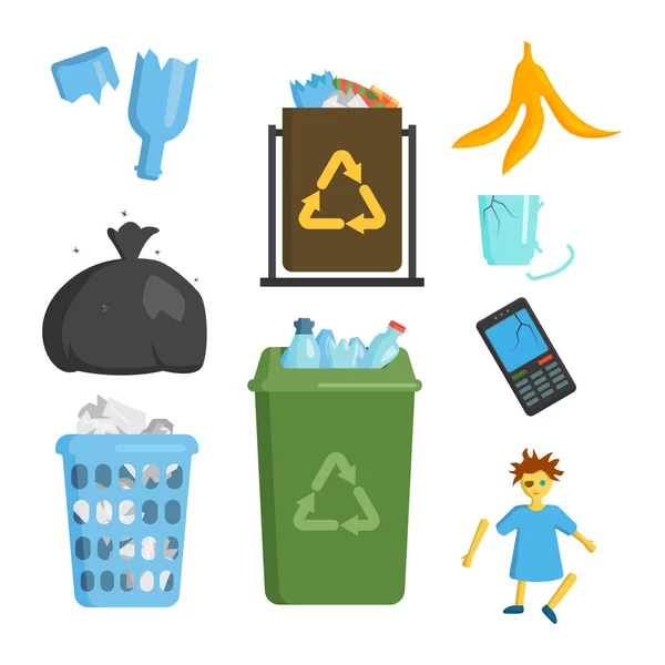 Reciclar elementos de basura bolsas de basura industria de gestión de neumáticos utilizar el concepto y la ecología de residuos puede botella reciclaje eliminación caja vector ilustración . — Vector de stock