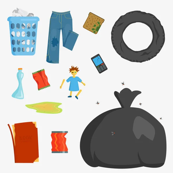 Újrahasznosítás szemetet elemek szemetet táskák gumiabroncsok vezetés ipar hasznosít koncepció és a hulladék ökológia is palackot újrahasznosítás rendelkezésére doboz vektoros illusztráció. — Stock Vector