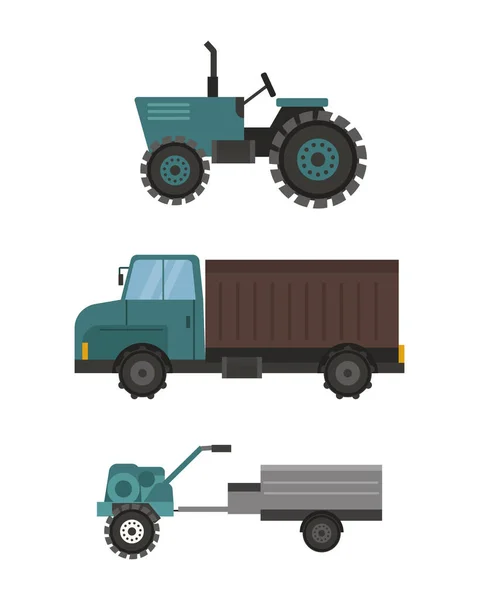 Agriculture industrial farm equipment machinery tractor combine and excavator rural machinery corn car harvesting wheel vector illustration. — Stock Vector