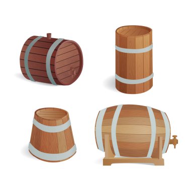 Ahşap varil vintage eski stil meşe saklama kabı ve kahverengi izole retro sıvı İçecek nesne damıtım kargo fermantasyon lager vektör çizim davul.