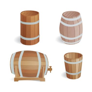 Ahşap varil vintage eski stil meşe saklama kabı ve kahverengi izole retro sıvı İçecek nesne damıtım kargo fermantasyon lager vektör çizim davul.