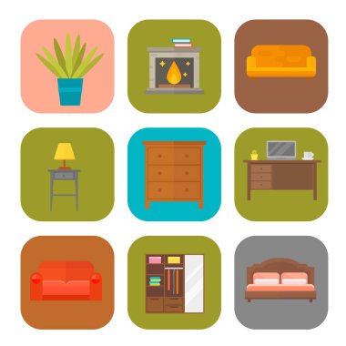 Kapalı kabin iç odası Kütüphane office kitaplık modern tuvalet siluet süsleme vektör çizim mobilya ev dekorasyonu Icon set