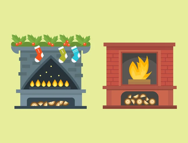 Style plat cheminée icône conception maison pièce chaud noël flamme lumineux décoration charbon four et confortable chaleur énergie intérieur vecteur illustration . — Image vectorielle