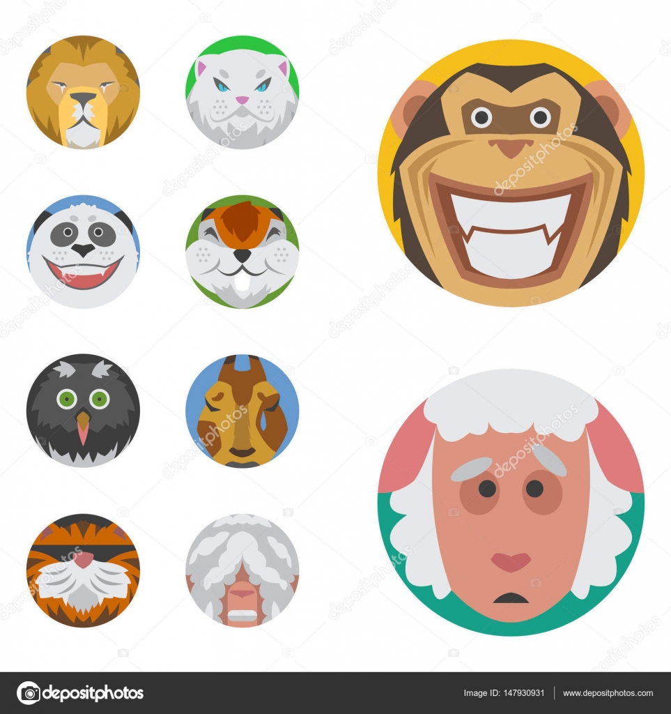 Niedlich tiere emotionen icons isoliert spaß set gesicht glücklich  charakter emoji comic liebenswert pet und ausdruck lächeln sammlung wild  avatar vektor illustration. Stock-Vektorbild von ©luplupme.gmail.com  147930931, image size:1600x1700