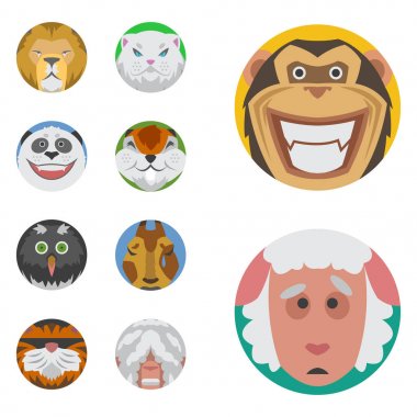 Sevimli hayvanlar duygular simgeler izole eğlenceli yüz karakter emoji komik çok güzel evde beslenen hayvan ve ifade toplama vahşi avatar vektör çizim mutlu ayarla.