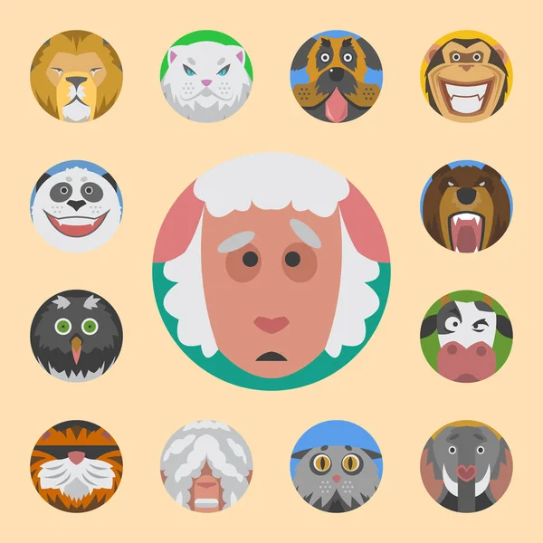 Roztomilý zvířat emoce ikony izolované zábavná sada tvář happy znaků emoji komické rozkošný mazlíček a výraz úsměv kolekce wild avatar vektorové ilustrace. — Stockový vektor