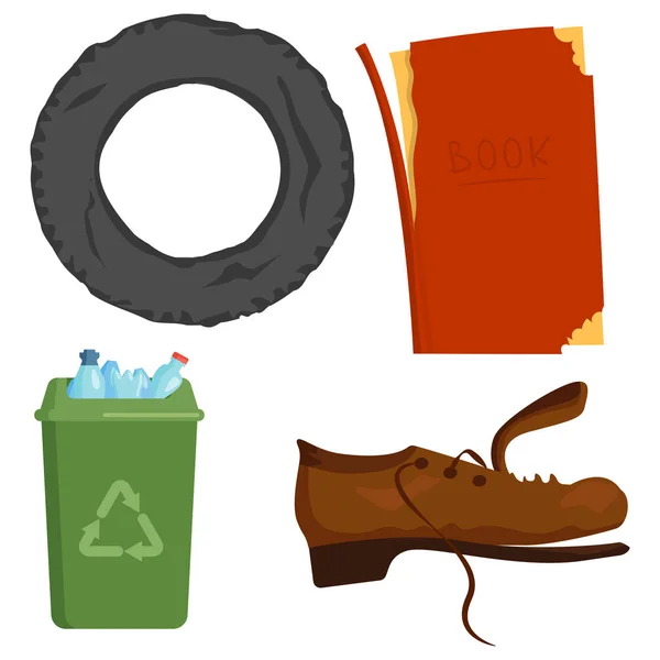 Reciclagem de elementos de lixo sacos de lixo indústria de gestão de pneus utilizar conceito e resíduos ecologia pode garrafa reciclagem caixa de descarte vetor ilustração . — Vetor de Stock