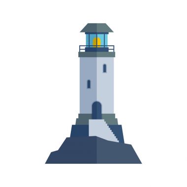 Çizgi film düz deniz feneri projektör tower deniz navigasyon rehberlik ışık vektör çizim için.