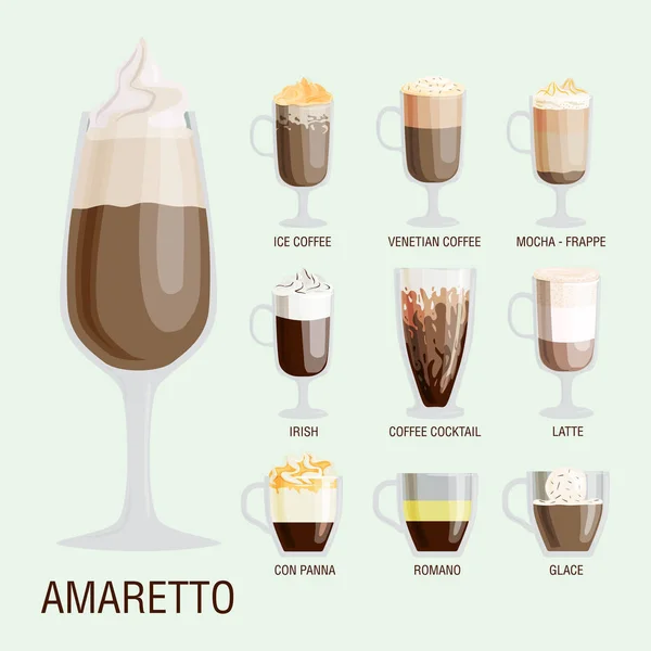 Sada různých průhledné šálky typy hrnek na kávu s pěnou nápojů a snídaně ráno znamení chutné aromatické sklo sortimentu vektorové ilustrace. — Stockový vektor