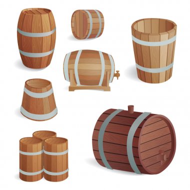 Ahşap varil vintage eski stil meşe saklama kabı ve kahverengi izole retro sıvı İçecek nesne damıtım kargo fermantasyon lager vektör çizim davul.