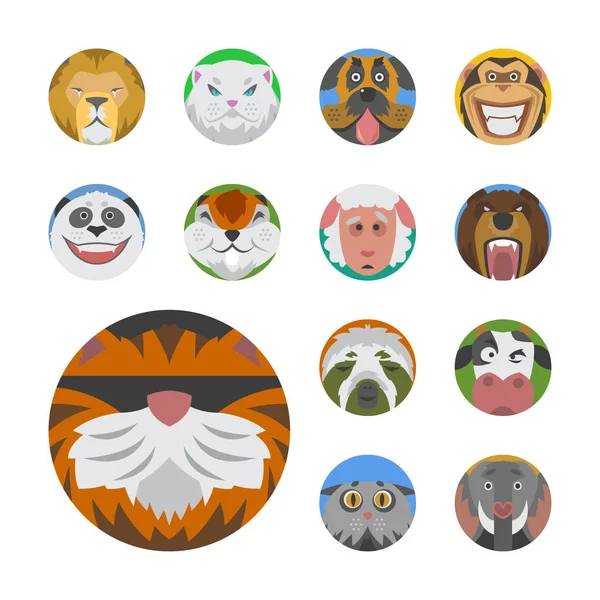Roztomilý zvířat emoce ikony izolované zábavná sada tvář happy znaků emoji komické rozkošný mazlíček a výraz úsměv kolekce wild avatar vektorové ilustrace. — Stockový vektor