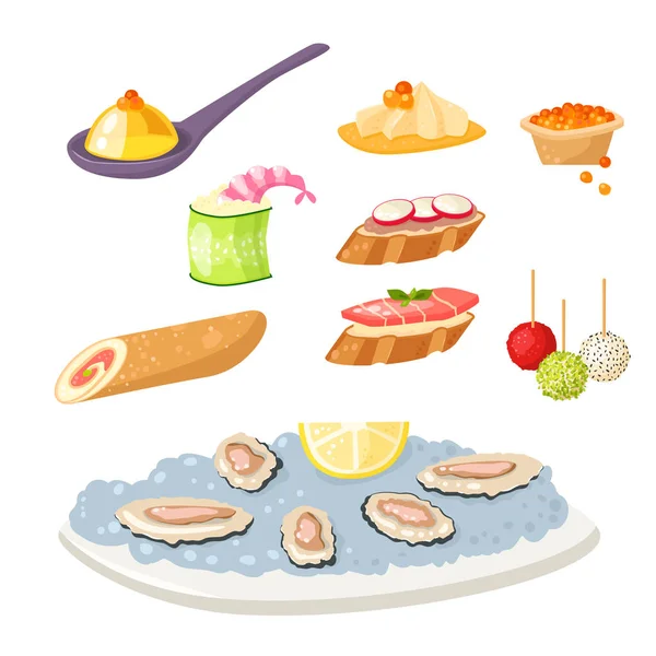 Diverses collations de canapés de viande hors-d'œuvre collations de poissons et de fromage sur l'illustration vectorielle de plateau . — Image vectorielle