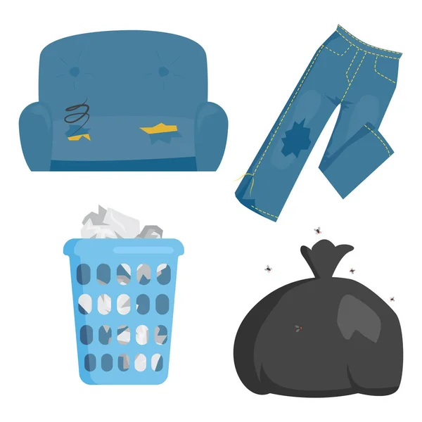 Reciclar elementos de basura bolsas de basura industria de gestión de neumáticos utilizar el concepto y la ecología de residuos puede botella reciclaje eliminación caja vector ilustración . — Vector de stock