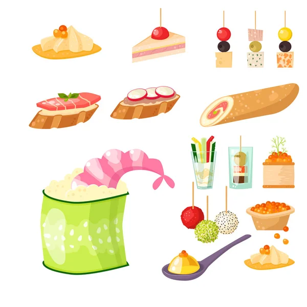 Various meat canape snacks appetizer fish and cheese banquet snacks on platter vector illustration. — Stock Vector