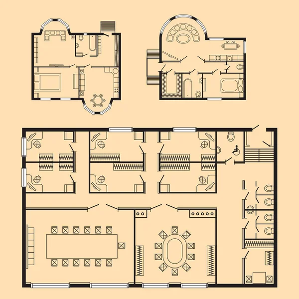Bureau moderne plan architectural mobilier d'intérieur et projet de dessin de conception de construction — Image vectorielle