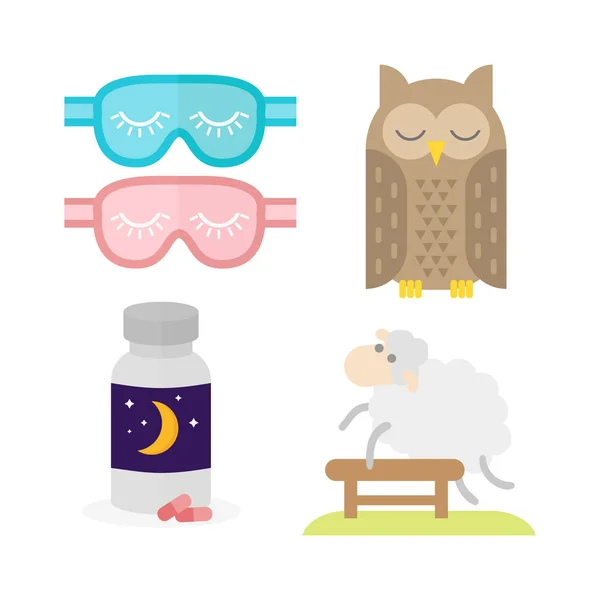 Icono del sueño vector ilustración píldoras para dormir leche vidrio galletas botella de galletas búho dormido ojos vendados — Vector de stock