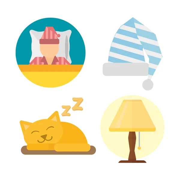 Snu ikony lampy wektor ilustracja kolekcja zestaw nap ikona relax zestaw snem spania piżamy sypialnia kot — Wektor stockowy