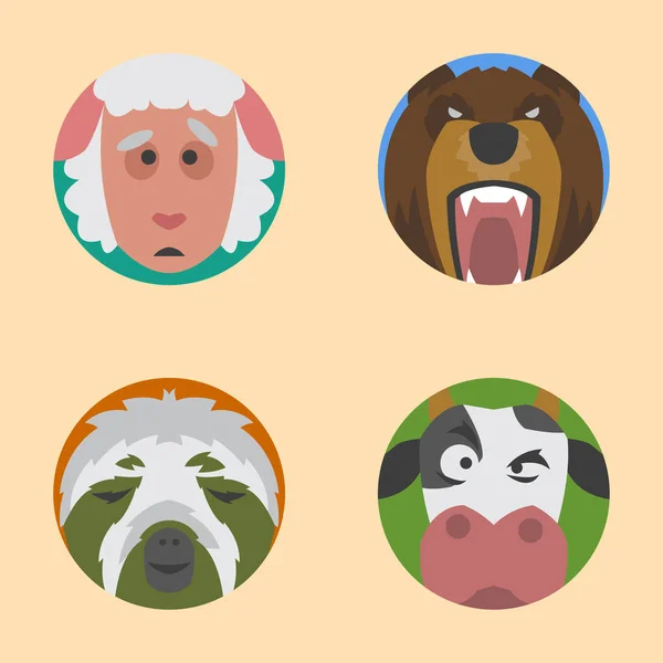 Schattige dieren emoties pictogrammen geïsoleerde leuk stel gezicht gelukkig karakter emoji komische schattig huisdier en expressie smile collectie wild avatar vectorillustratie. — Stockvector