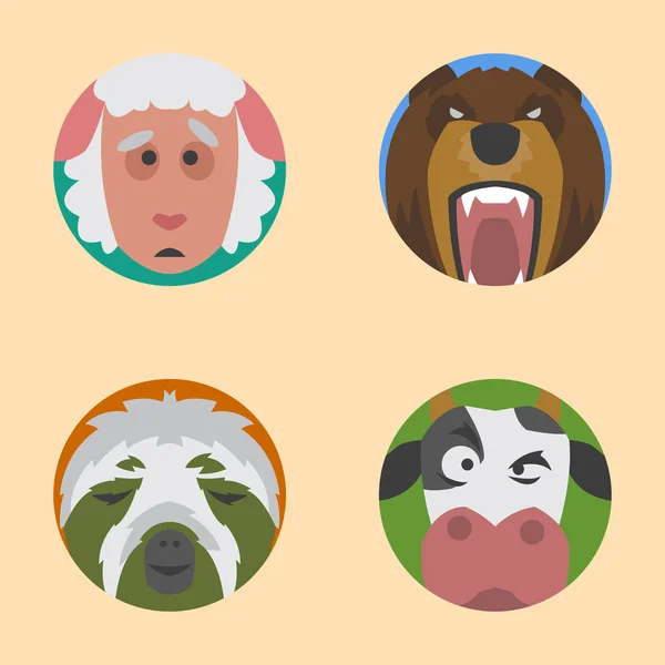 Animais bonitos emoções ícones isolado divertido conjunto rosto feliz personagem emoji cômico adorável animal de estimação e expressão sorriso coleção selvagem avatar vetor ilustração . —  Vetores de Stock