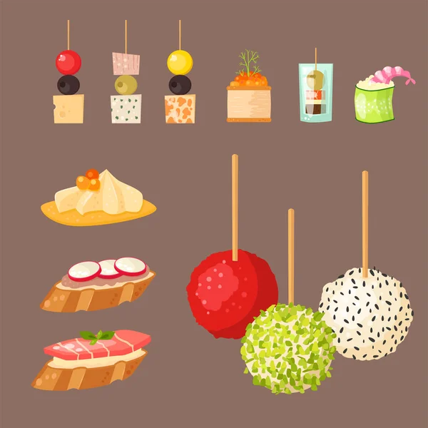 Diversos bocadillos de canapé de carne aperitivo aperitivos de banquete de pescado y queso en la ilustración vector de plato . — Archivo Imágenes Vectoriales