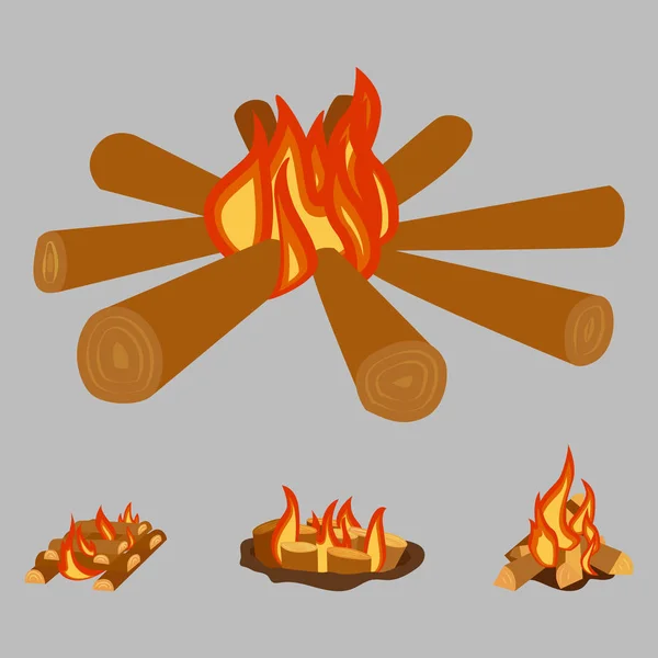 Illustrazione isolata dei tronchi di falò che bruciano il falò e il vettore della pila di legna — Vettoriale Stock