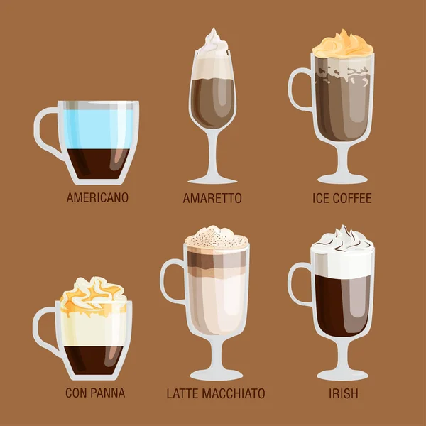 Sæt af forskellige gennemsigtige kopper kaffe typer krus med skum drik og morgenmad morgen tegn velsmagende aromatisk glas sortiment vektor illustration . – Stock-vektor