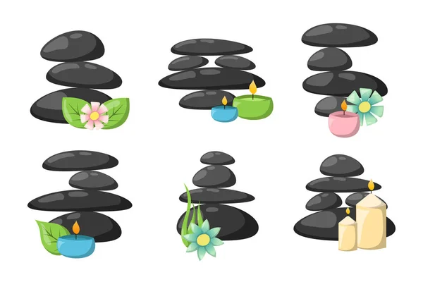 Pirámide de guijarros del mar relajarse montón de piedras aisladas y saludables masaje negro meditación herramienta natural balneario terapia zen vector ilustración . — Vector de stock