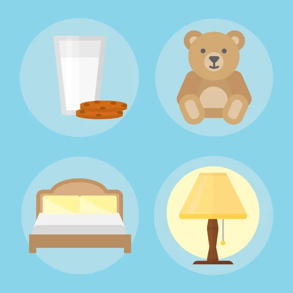 Sueño iconos vector ilustración conjunto colección siesta icono leche relajarse cama lámpara cama oso galletas conjunto — Vector de stock