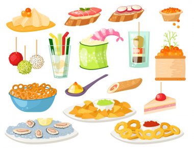 Çeşitli et kanepe aperatifler meze balık ve peynir Ziyafet snacks plakalı vektör çizim.
