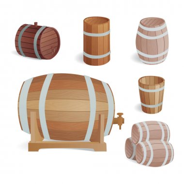 Ahşap varil vintage eski stil meşe saklama kabı ve kahverengi izole retro sıvı İçecek nesne damıtım kargo fermantasyon lager vektör çizim davul.