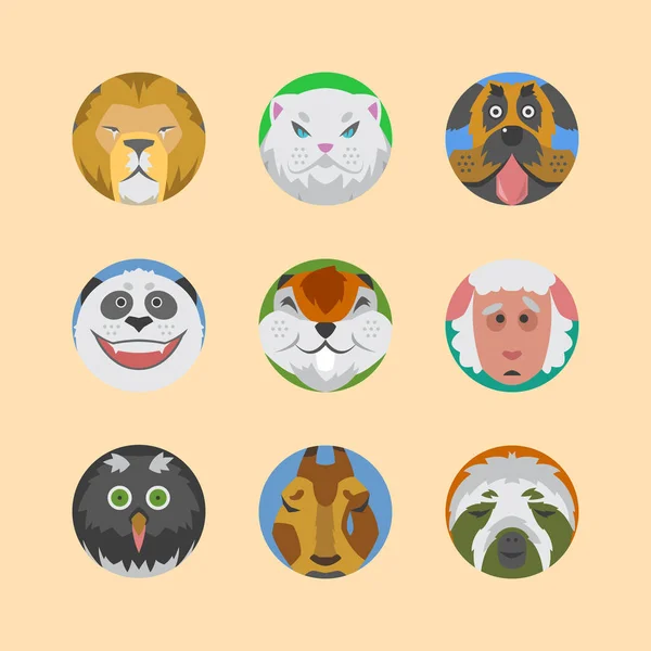 Niedlich tiere emotionen icons isoliert spaß set gesicht glücklich charakter emoji comic liebenswert pet und ausdruck lächeln sammlung wild avatar vektor illustration. — Stockvektor