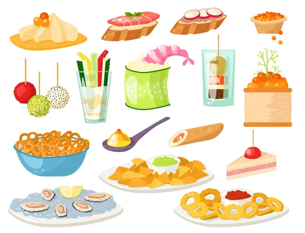 Diverses collations de canapés de viande hors-d'œuvre collations de poissons et de fromage sur l'illustration vectorielle de plateau . — Image vectorielle