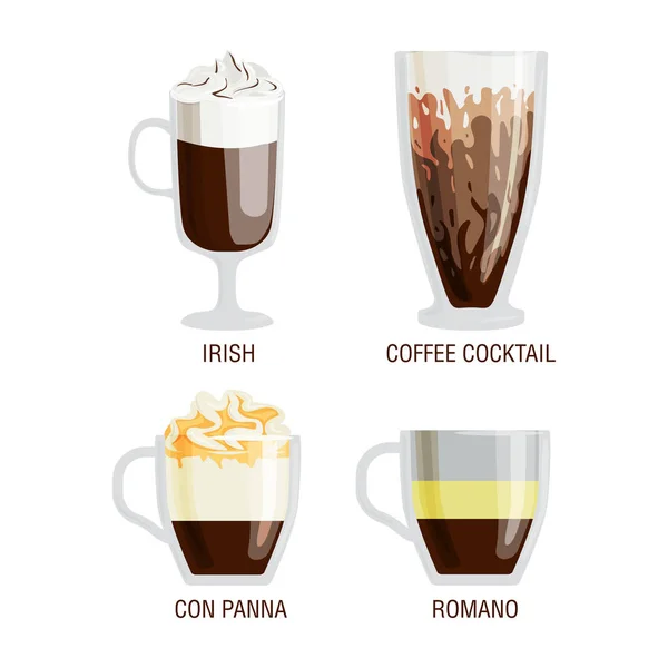 Conjunto de diferentes xícaras transparentes de tipos de café caneca com bebida de espuma e café da manhã sinal saboroso aromático vidro variedade vetor ilustração . —  Vetores de Stock