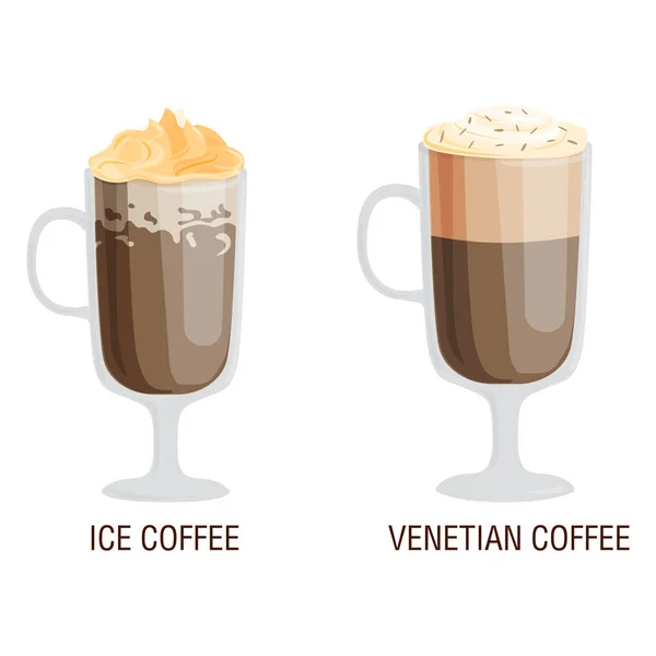 Ensemble de différentes tasses transparentes de types de café tasse avec boisson en mousse et petit déjeuner signe matin savoureux assortiment de verre aromatique illustration vectorielle . — Image vectorielle