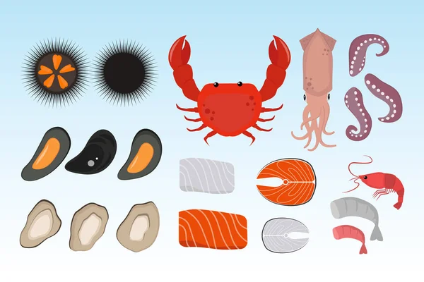 Fisk och skaldjur platt välsmakande matlagning läckra kan användas för layout reklam och färska räkor skaldjur web design gourmet restaurang måltid vektorillustration. — Stock vektor