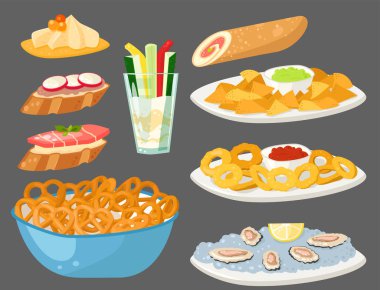 Çeşitli et kanepe aperatifler meze balık ve peynir Ziyafet snacks plakalı vektör çizim.