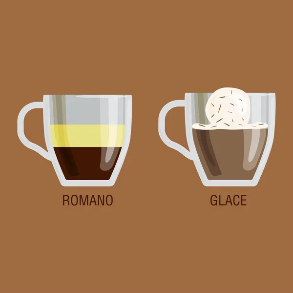 Set de diferentes tazas transparentes de tipos de café taza con espuma de bebidas y desayuno signo de la mañana sabroso aromático vidrio surtido vector ilustración . — Archivo Imágenes Vectoriales