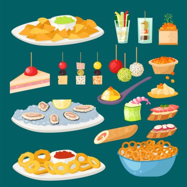 Çeşitli et kanepe aperatifler meze balık ve peynir Ziyafet snacks plakalı vektör çizim.