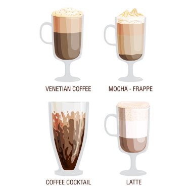 Şeffaf bardak farklı türleri kupa köpük içecek ve Kahvaltı sabah işareti lezzetli aromatik cam ürün yelpazesine vektör çizim ile kümesi.