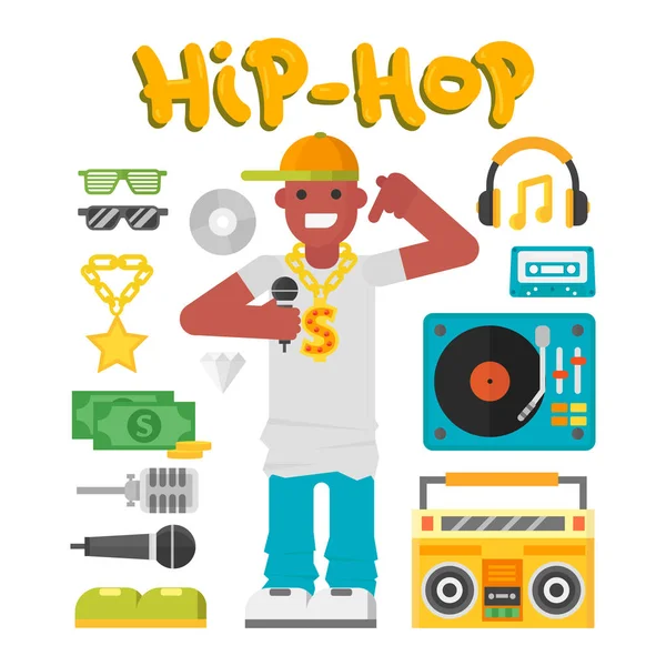 Hip hop músico personagem com microfone breakdance expressivo rap retrato vetor ilustração . —  Vetores de Stock