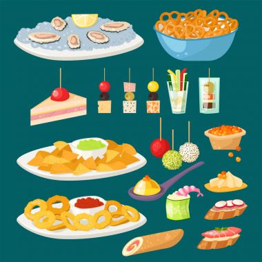 Çeşitli et kanepe aperatifler meze balık ve peynir Ziyafet snacks plakalı vektör çizim.