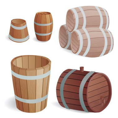 Ahşap varil vintage eski stil meşe saklama kabı ve kahverengi izole retro sıvı İçecek nesne damıtım kargo fermantasyon lager vektör çizim davul.