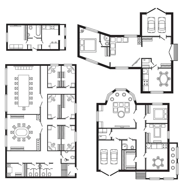 Projeto de desenho de design de mobiliário e construção de interiores de escritório moderno — Vetor de Stock